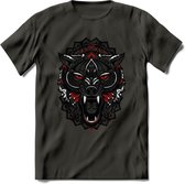 Wolf - Dieren Mandala T-Shirt | Rood | Grappig Verjaardag Zentangle Dierenkop Cadeau Shirt | Dames - Heren - Unisex | Wildlife Tshirt Kleding Kado | - Donker Grijs - M
