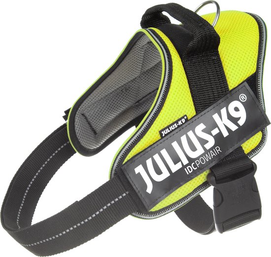 Harnais Julius-K9 IDC®Powair vert fluo avec accents noirs et bord réfléchissant.
