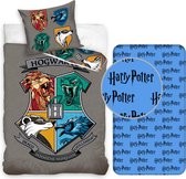 Harry Potter Zweinstein Color Logo- grijs Dekbedovertrek - Eenpersoons - 140x200 cm -katoen- Reversible- incl. Harry Potter hoeslaken 90x200 x25