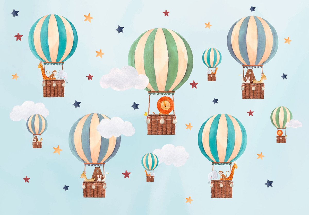 Behangpapier Dieren in Luchtballonnen XXL – posterbehang – Kinderkamer behang – 368 x 254 cm