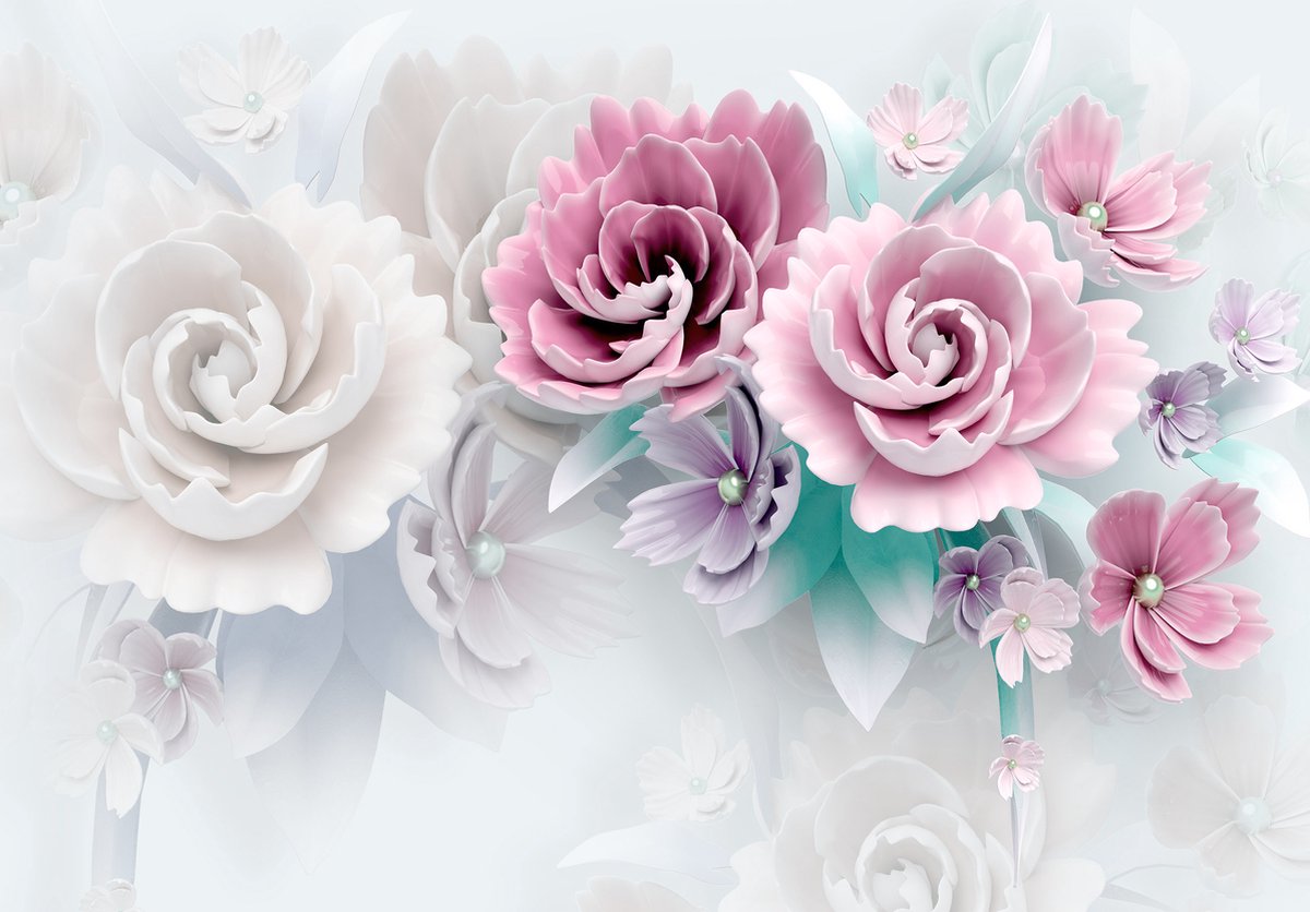 Behangpapier Roze Bloemen XXL – Fotobehang Bloemen – 368 x 254 cm – Roze Wit