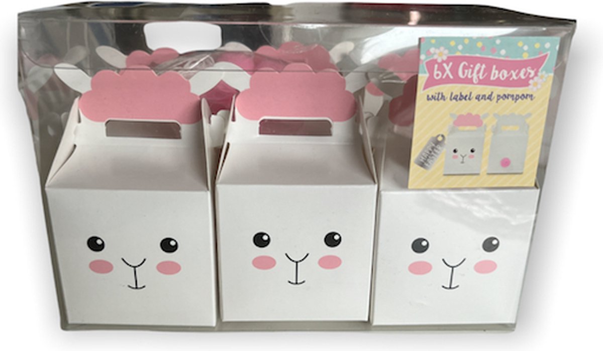 6 Geschenkdoosjes pasen / traktatie verpakking / traktaties met label en pompom wit/roze / pasen geschenkdoosjes