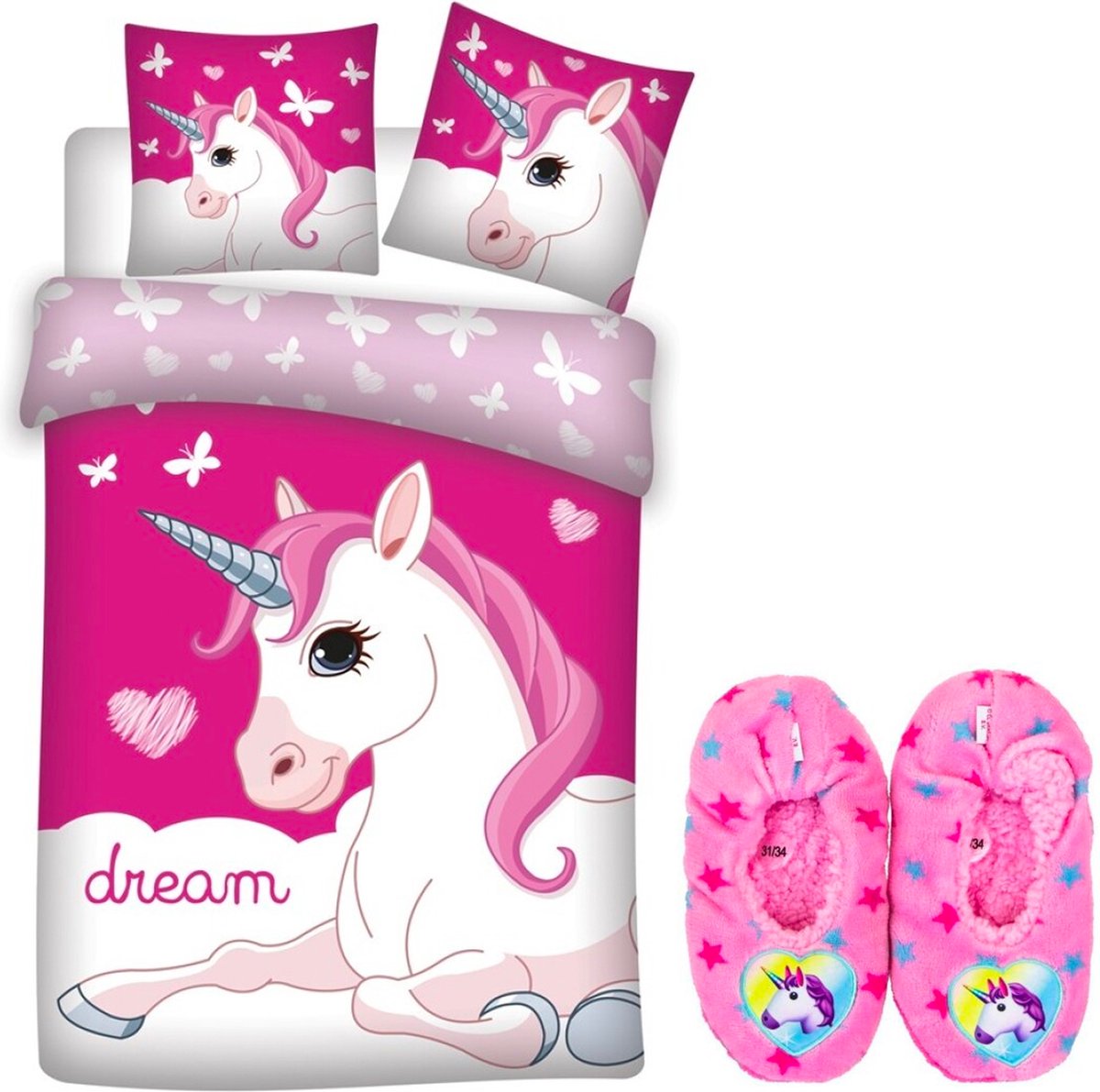 Dekbedovertrek Unicorn- roze- 1 persoons- Polyester- dekbed meisjes- 140x200 cm, incl. Unicorn-huis slofjes mt 35-38.