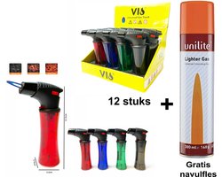 Crème Brûlée Brander set van 12 stuks met krachtige turbo vlam tegen wind + 1 gasfles merk Unilite