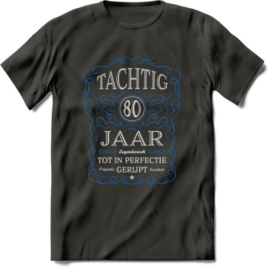 80 Jaar Legendarisch Gerijpt T-Shirt | Blauw - Grijs | Grappig Verjaardag en Feest Cadeau Shirt | Dames - Heren - Unisex | Tshirt Kleding Kado | - Donker Grijs - 3XL