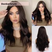 Diep Donkerbruin Pruik - Brown Kleur - Pruiken Dames - Wig - One-Size Verstelbaar - Lang Golvend Haar - 70 cm