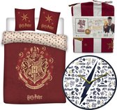 Harry Potter Dekbedovertrek Red Draco Logo- 1 persoons 140x200- 100% biologisch Katoen, incl. Gryffindor wandklok 25cm