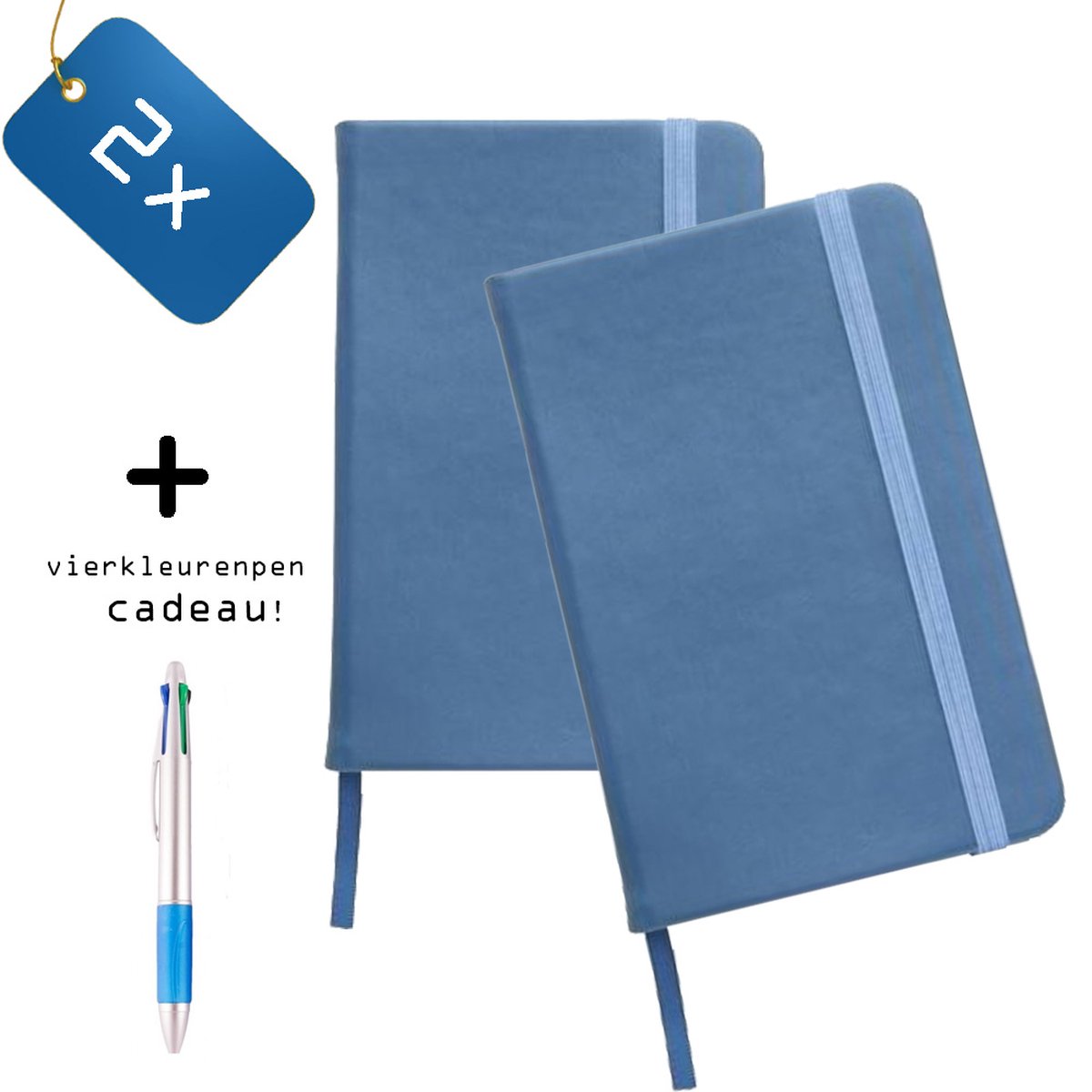 Pack van 2x Notitieboeken A5 Blauw + Vierkleurenpen Cadeau - Hardvoer - Harde Kaft - Gelijnd - A5 formaat - Elastiek