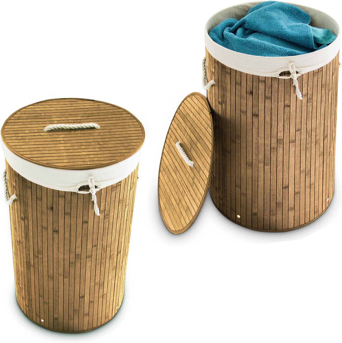 Goedkoopste 2x wasmand bamboe - wasbox met deksel - 70 liter - rond - 65 x 41 cm - natuur
