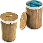 Relaxdays 2x wasmand bamboe - wasbox met deksel - 70 liter - rond - 65 x 41 cm - natuur