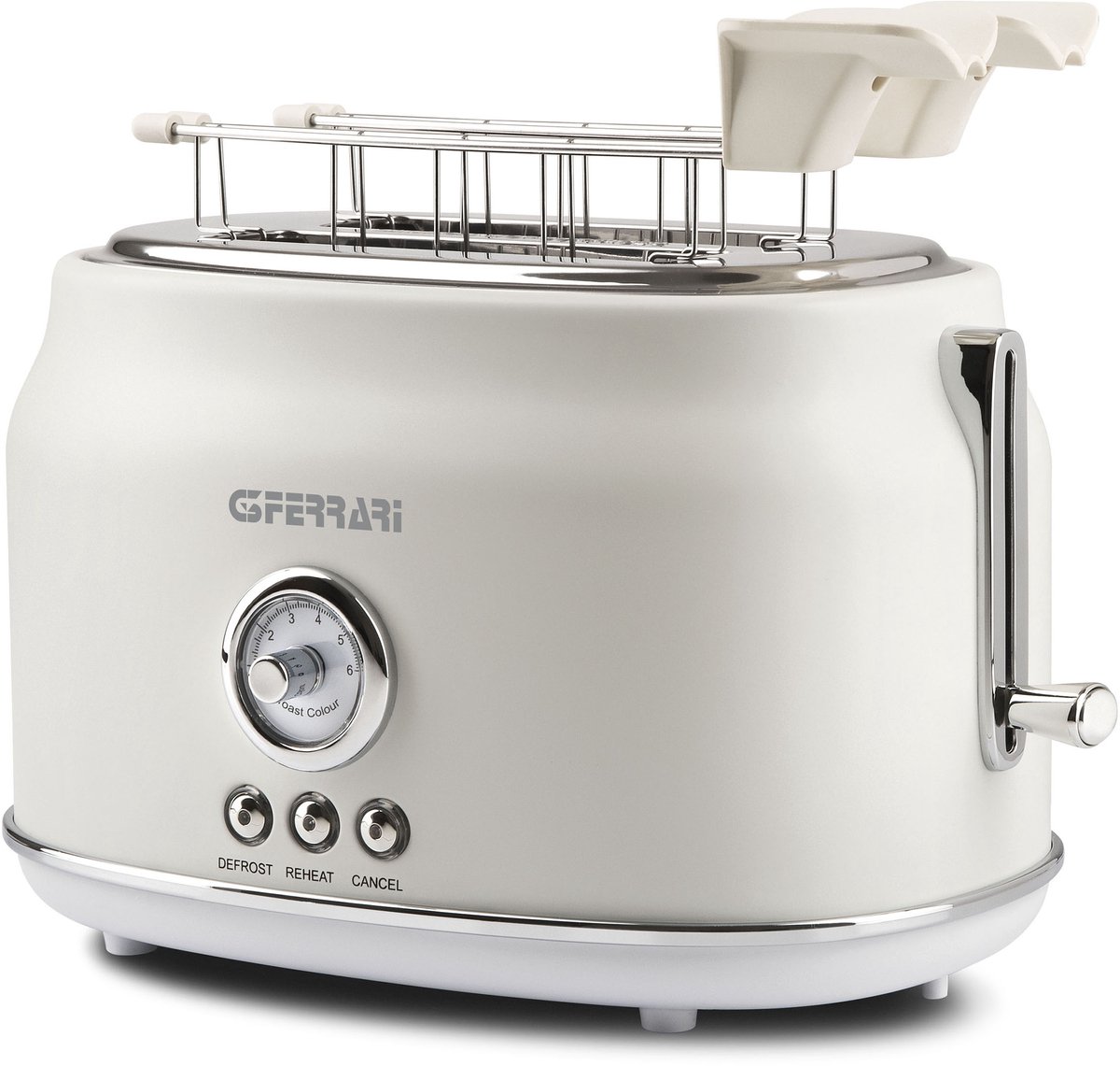 G3 Ferrari Artista White– Broodrooster 685-815W – Ontdooifunctie – Opwarmfunctie – Timer – Kruimellade – RVS Tangen