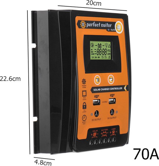 Zonnepanelen Laadregelaar, 12V/24V A MPPT Solar Laadregelaar Zonnepaneel Batterijregelaar Dual USB LCD-scherm (70A