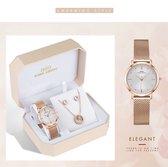Boerni Aibisino Rosé Gouden Horloge Mandala incl.  oorbellen en Ketting | Rosé Goud luxe geschenk set luxe geschenk set | Crystal glass | Premium kwaliteit uurwerk Quartz | Mineraa