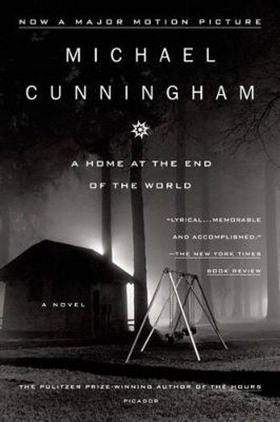 Boekomslag: Een huisje in een mistig bos, met een schommel in de voorgrond. Titel: A Home at the End of the World door Michael Cunningham.