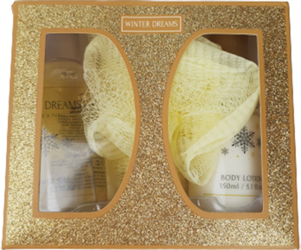 Goedkoopste Winter Dreams geschenkset Vrouwen met spons - Goud / Wit - Kunststof - 2 x 150 ml - Set van 3 - Cadeauset - Cadeau - Geschenk - Kerst - Kerstcadeau - Sinterklaascadeau