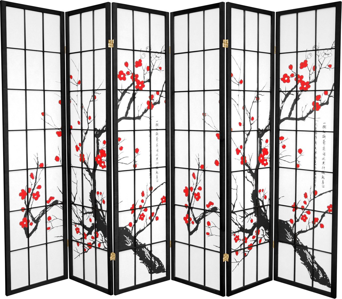 Fine Asianliving Japanse Kamerscherm B270xH180cm 6 Panelen Shoji Rijstpapier Zwart - Sakura