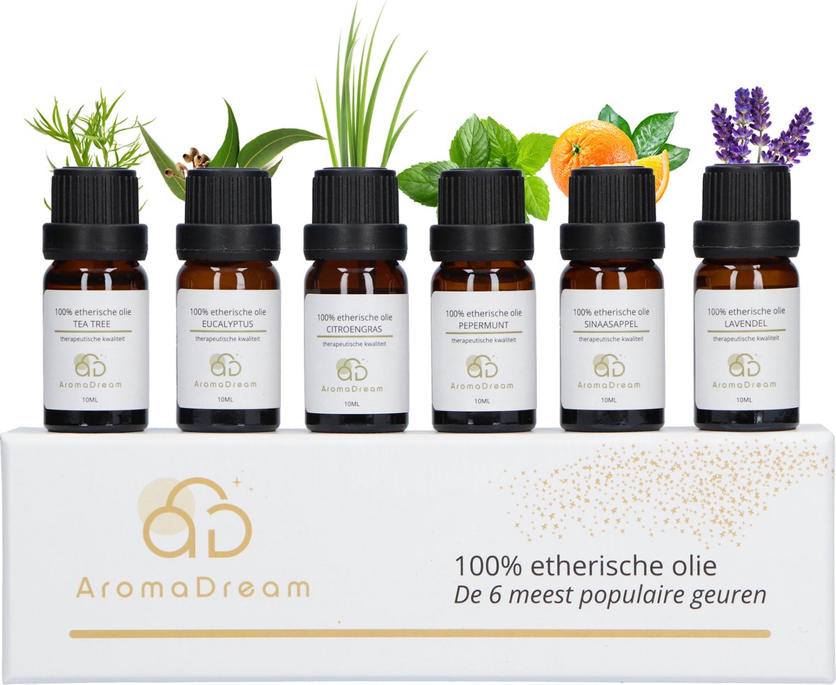 Gift Box Etherische Olie incl. E-book Aromatherapie – Geurolie voor Aroma Diffuser – Essentiële Olie Set – 6 stuks - Cadeau - Cadeautje - Aroma Dream