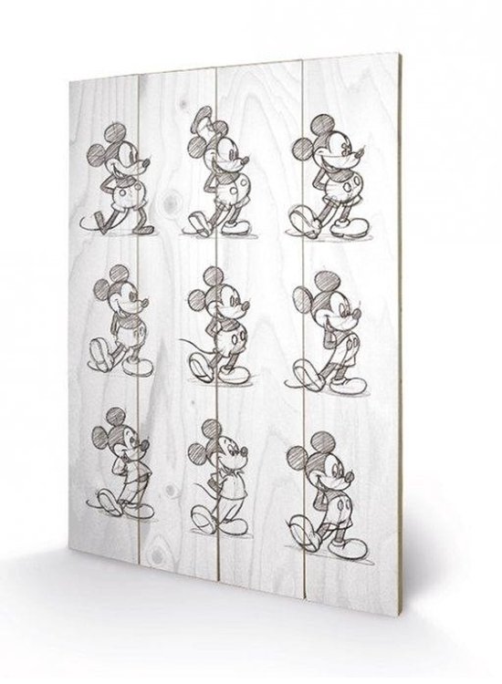 Décoration murale en bois avec 9 croquis de Mickey Mouse en noir et blanc sur fond de bois blanc.