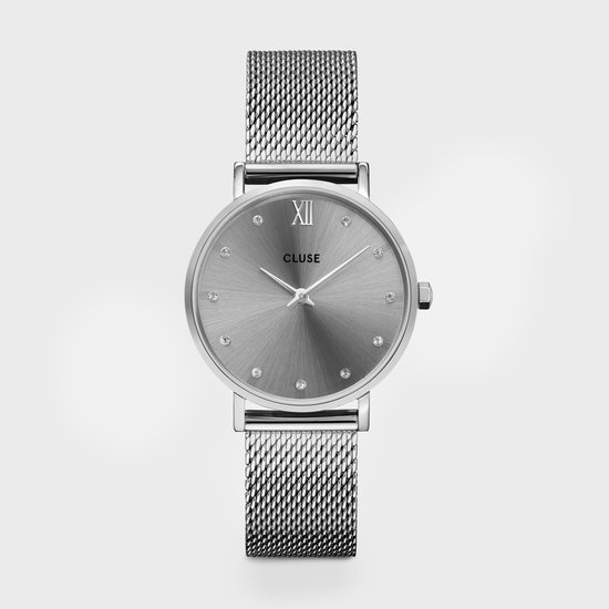 Cluse Minuit Mesh Crystals Dames Horloge Zilver kleurig - 33 mm cadeau geven