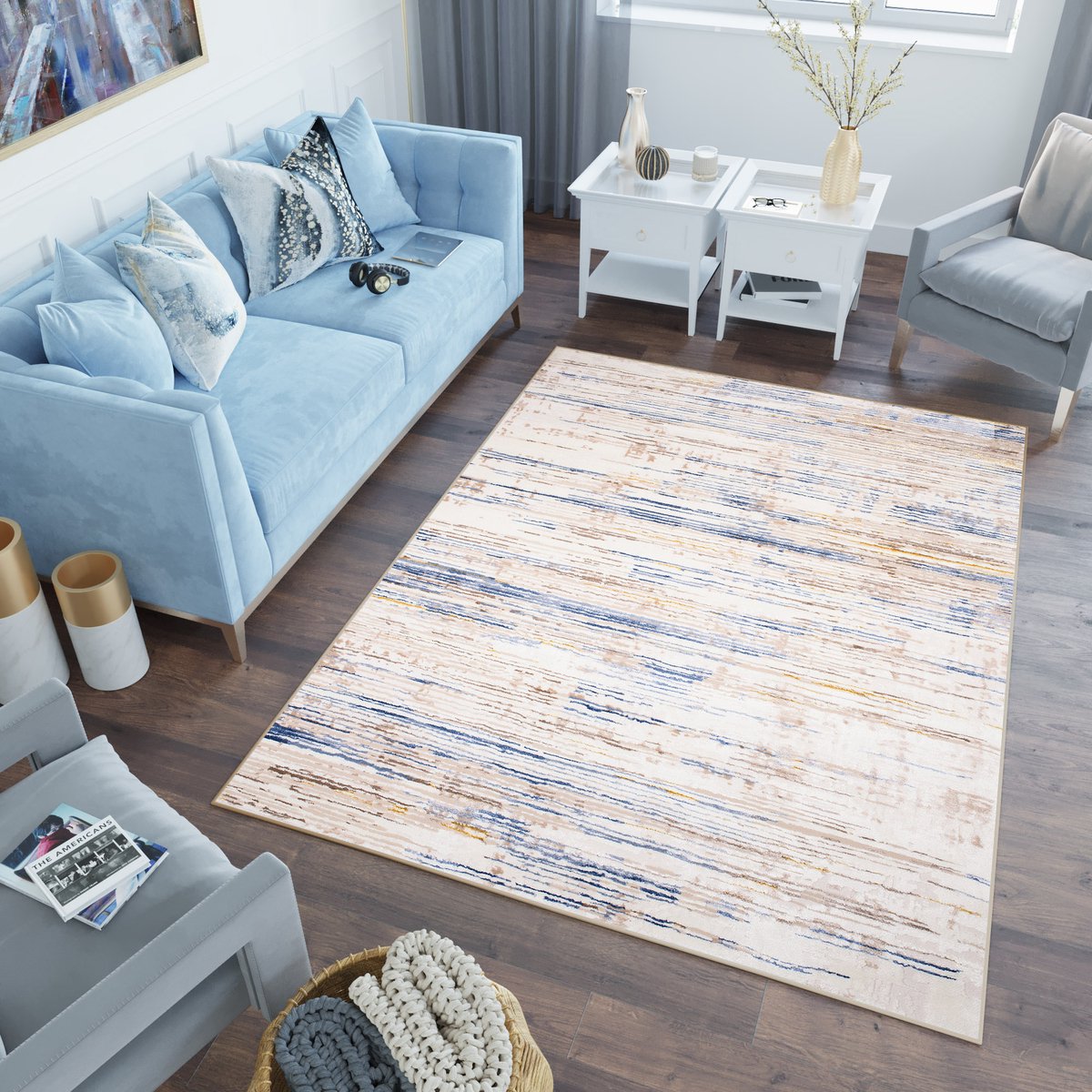 Tapiso Asthane Vloerkleed Beige Blauw Lijnen Modern Woonkamer Tapijt Maat- 80x150 Lichtbeige