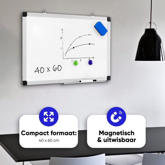 ACAZA magnetisch Whiteboard - 40 x 60 cm - Inclusief uitwisbare stift - Wisser - Afleggoot - Wit - Acaza