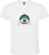 Wit T-shirt met Mandala OOG in Groen, Wit en Bruine kleuren size M