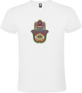 Wit T-shirt met Hamsa Hand in heldere Blauw, Groen, Geel en Paarse kleuren size L