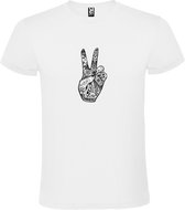 Wit T-shirt met Peace teken hand in Zwart en Wit size L