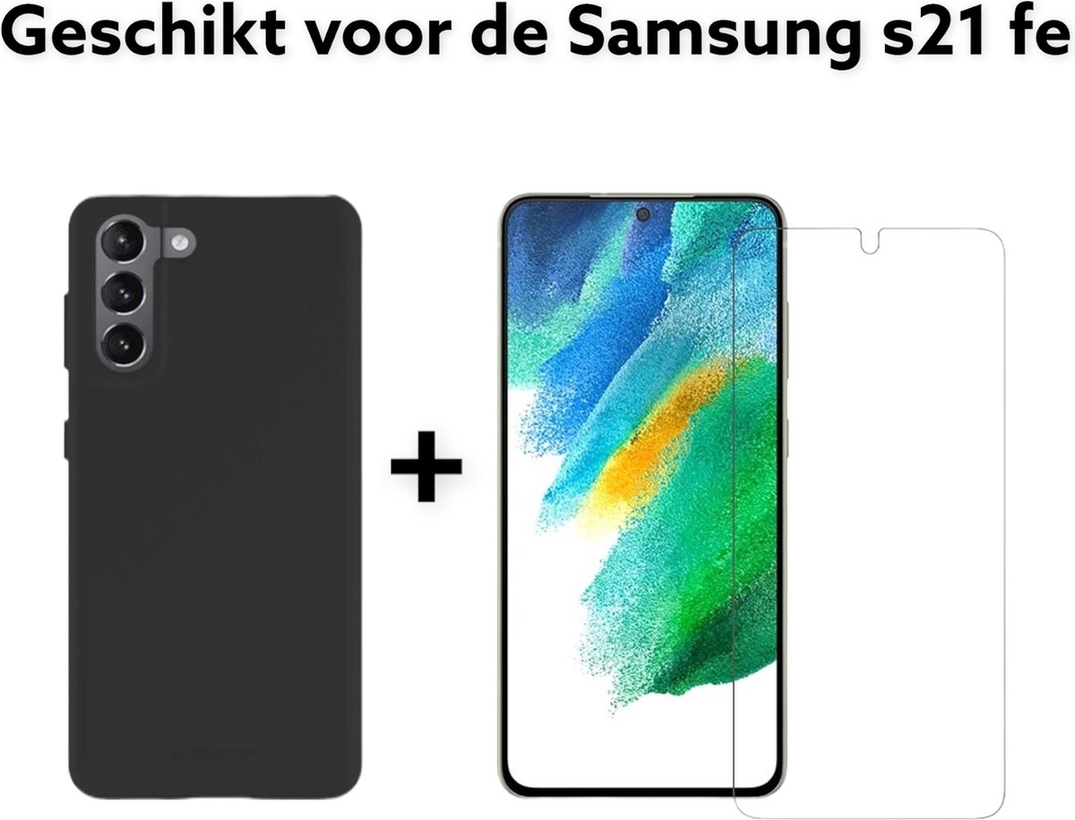 Samsung Galaxy S21 FE hoesje siliconen zwart + screen protector-samsung s21 fe hoesje back cover black + screen protector tempert glass