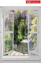 D&C Collection - tuinposter - 95x130 cm - doorkijk -  Wit venster - luxe uitvoering -  Uitzicht laan blauwe regen met vlinders - Verticaal - tuindoek - tuin decoratie - tuinposters