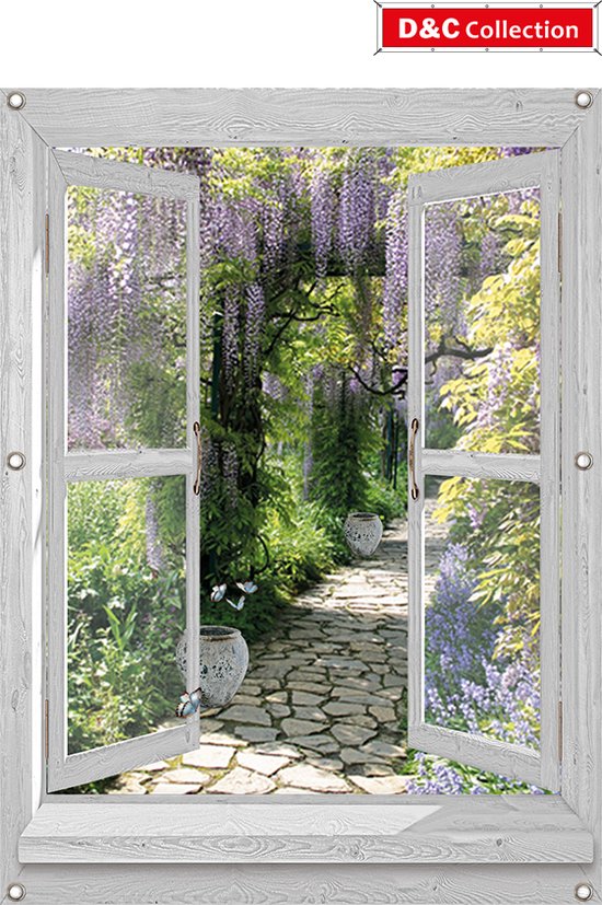 D&C Collection - tuinposter - 95x130 cm - doorkijk - Wit venster - luxe uitvoering - Uitzicht laan blauwe regen met vlinders - Verticaal - tuindoek - tuin decoratie - tuinposters buiten - schuttingposter
