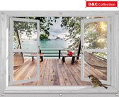 D&C Collection - tuinposter - 130x95 cm - doorkijk - Wit venster - luxe uitvoering - Thais houten vlonderterras met theeroos - tuindoek - tuin decoratie - tuinposters buiten - schuttingposter