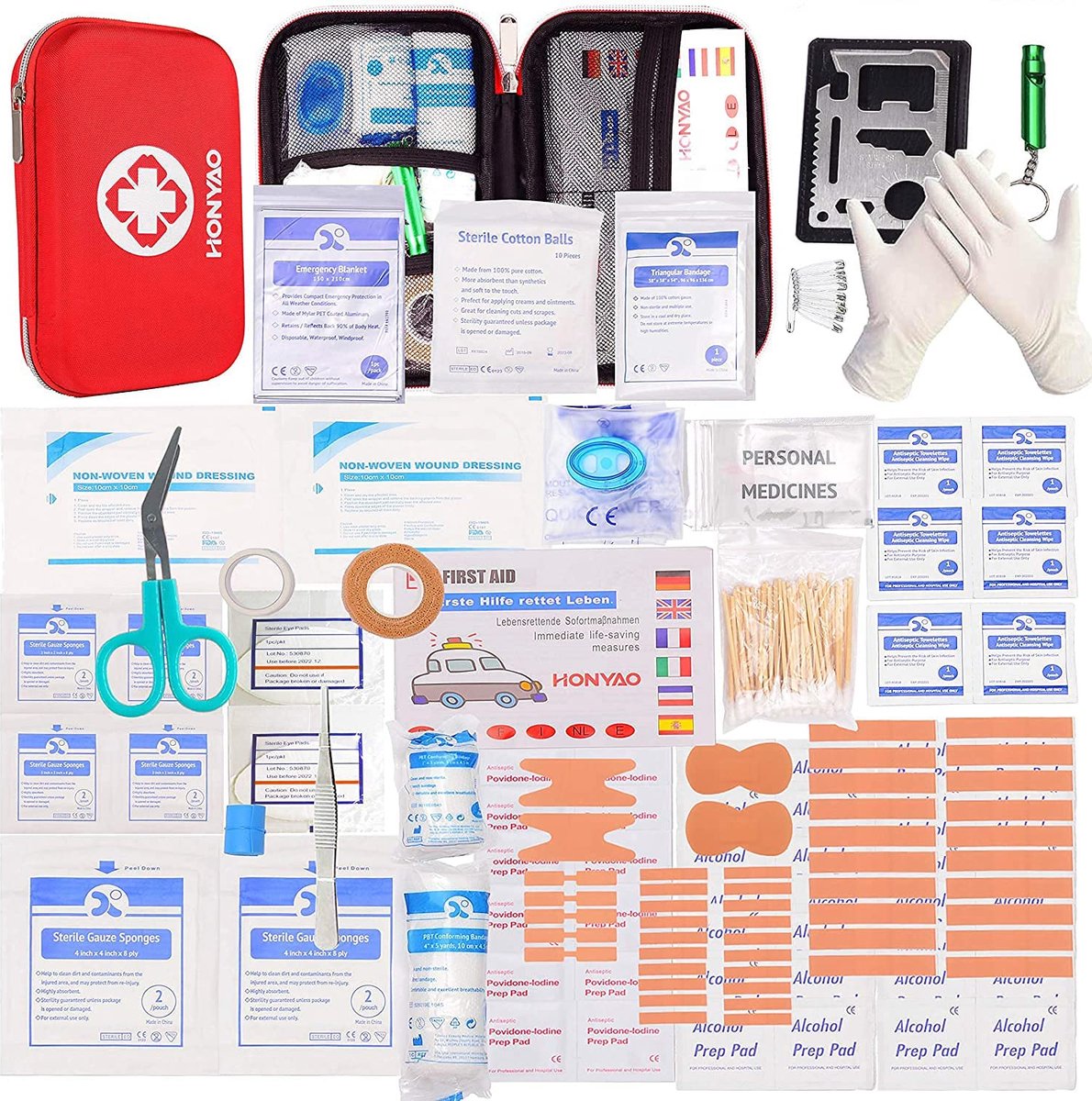 HONYAO EHBO-set, medische overleving, compacte kit met lichte harde box voor auto, motorfiets, thuis, op het werk, buiten, camping, wandelen, noodgevallen, eerste hulp