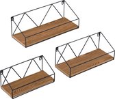 Wandrek - Wandplank - Set van 3 stuks - Spaanplaat & metaal - Donker hout kleurig & zwart - Afmeting (LxBxH) 27 x 11,5 x 12 cm / 33 x 13,5 x 13 cm / 40 x 15,5 x 14 cm