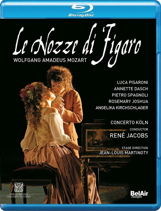 Blu-ray hoes van Le Nozze di Figaro door Wolfgang Amadeus Mozart. Een vrouw in een roze jurk en mannenkleding staat naast een man met een pruik.