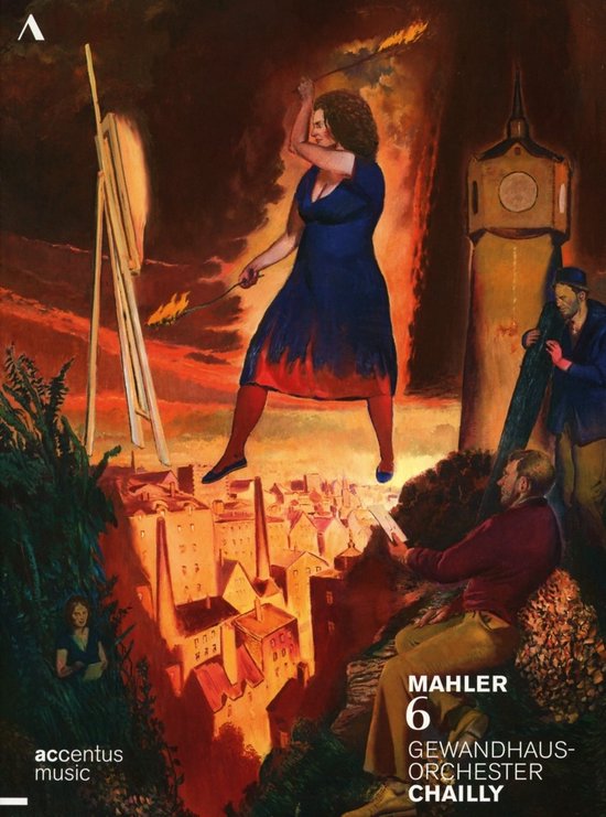 Schilderij van een vrouw die een schilderij maakt van een stad met een toren. "Mahler 6 Gewandhausorchester Chailly".