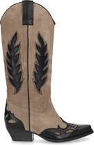 Sacha - Dames - Beige suède cowboylaarzen met zwarte details - Maat 40