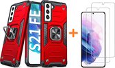 Samsung S21 FE Hoesje Heavy Duty Armor Hoesje Rood - Galaxy S21 FE Case Kickstand Ring cover met Magnetisch Auto Mount- Samsung S21 FE screenprotector 2 pack