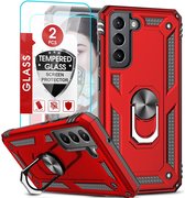 Samsung S21 FE Hoesje armor Met ring houder Rood - Samsung Galaxy S21 FE hoes met Kickstand TPU backcover hoesje - Galaxy s21 FE screenprotector 2 pack