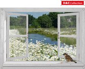 D&C Collection - tuinposter - 90x65 cm - doorkijk - wit luxe venster - weiland met water sloot - mus - iris - tuin decoratie - tuinposters buiten - schuttingposter - tuinschilderij