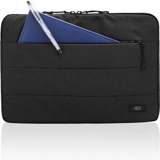 Zwarte ACT laptoptas met horizontaal gestikte panelen, een ritsvak aan de voorkant met een blauw notitieblok en pen.