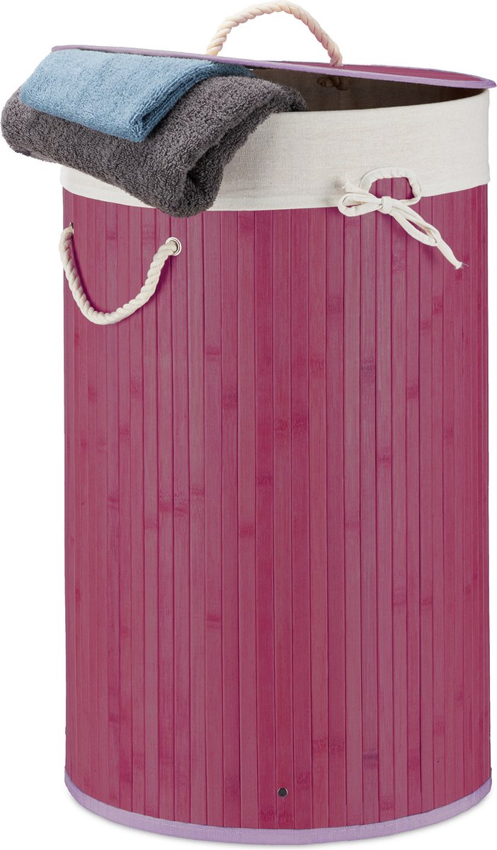 Relaxdays 1x wasmand bamboe - wasbox met deksel - 70 liter - rond - 65 x 41 cm - paars