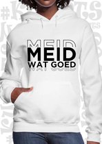 MEID WAT GOED dames hoodie - Wit - Maat L - lange mouwen - Met capuchon & steekzakken - Grappige teksten - leuke truien | sweaters - humor - quotes - kwoots - kado - cadeau - Getai