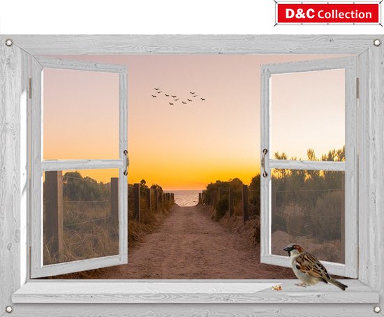 D&C Collection - tuinposter - 90x65 cm - doorkijk - wit luxe venster - zonsondergang - vogels - tuin decoratie - tuinposters buiten - schuttingposter - tuindoek