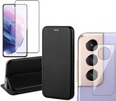 Samsung Galaxy S22 Plus Hoesje - Book Case Lederen Wallet Cover Minimalistisch Pasjeshouder Hoes Zwart - Full Tempered Glass Screenprotector - Camera Lens Protector