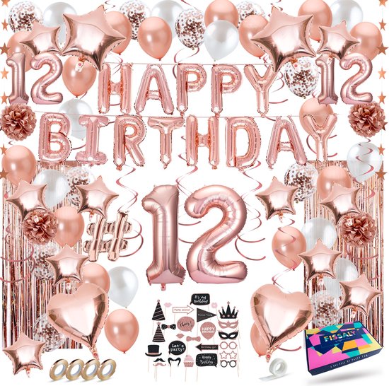 Fissaly 12 Jaar Rose Goud Verjaardag Decoratie Versiering - Helium, Latex & Papieren Confetti Ballonnen