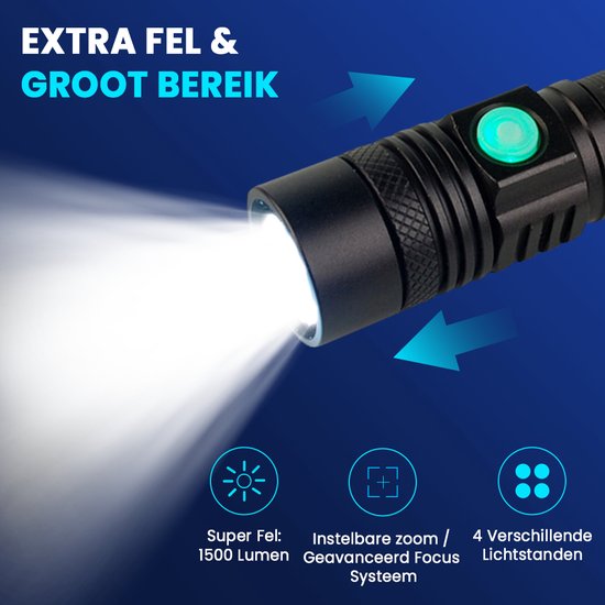 K-NATICS LITE Militaire LED Zaklamp - USB-C Oplaadbaar - Zaklamp op batterijen - 1500 lumen - 2200mAh Batterij - Zoomfunctie - 2 Jaar Garantie!