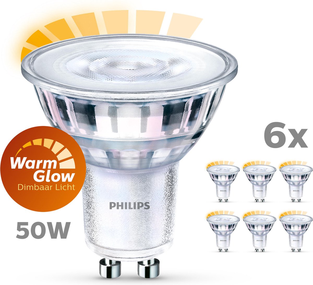 Specimen Kwadrant rechtdoor Philips energiezuinige LED Spot - 50 W - GU10 - Dimbaar warmwit licht - 6  stuks | bol.com