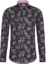 Heren overhemd Lange mouwen - MarshallDenim - bloemenprint zwart - Slim fit met stretch - maat S