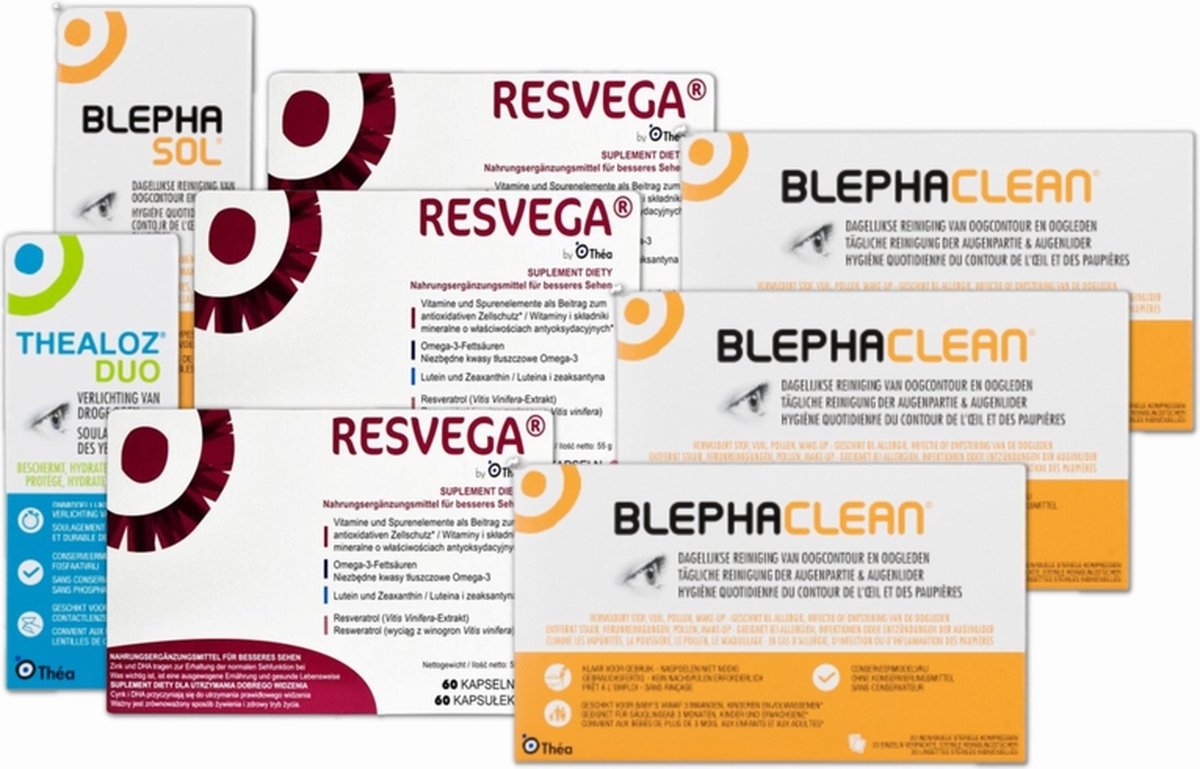 Oogzorgset: 3x BlephaClean '+ 1x BlephaSol '+ 1x Thealoz Duo '+ 3x Resvega | oogverzorging - oogdruppels - oogreiniging - 3maand pakket